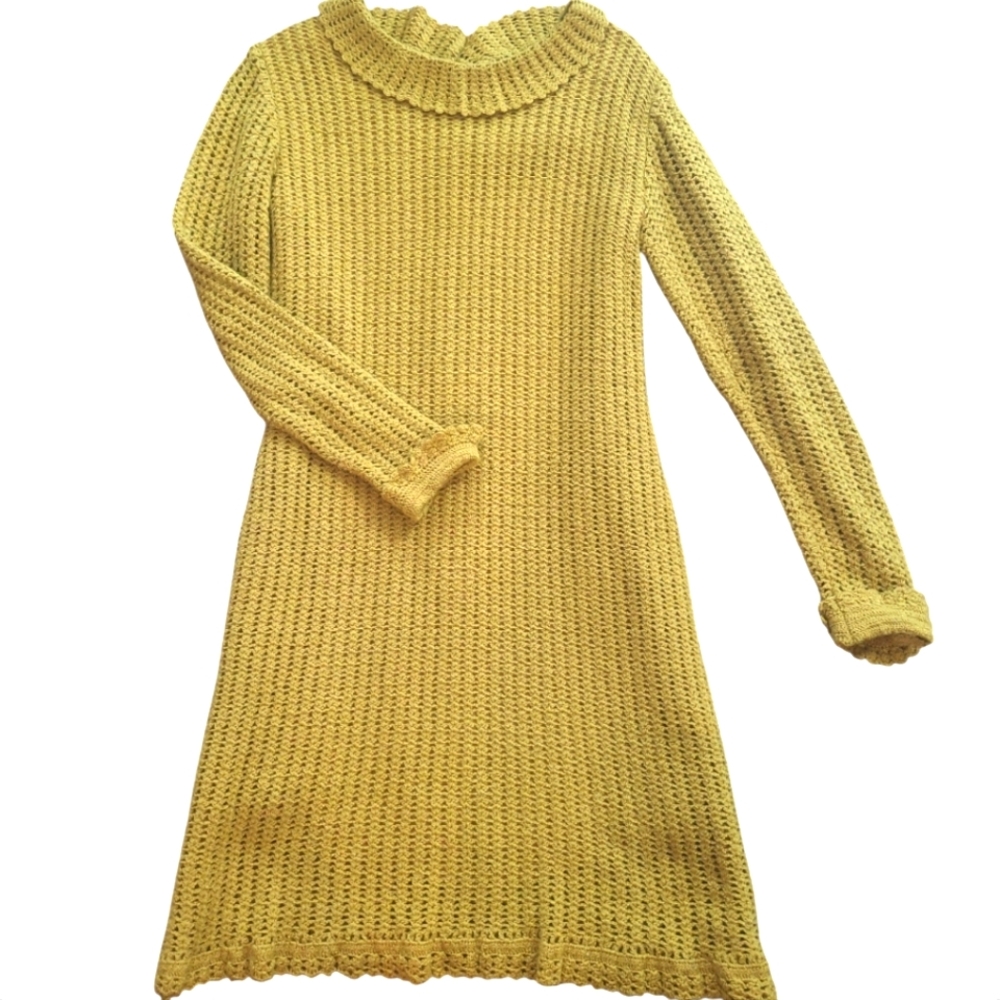 Handmade Vintage Crochet Knit Long Sleeve Mini Sweater Dress Yellow S